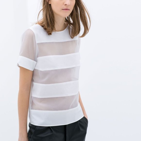 Zara Striped Poplin Organza Top White S - Picture 3 of 7